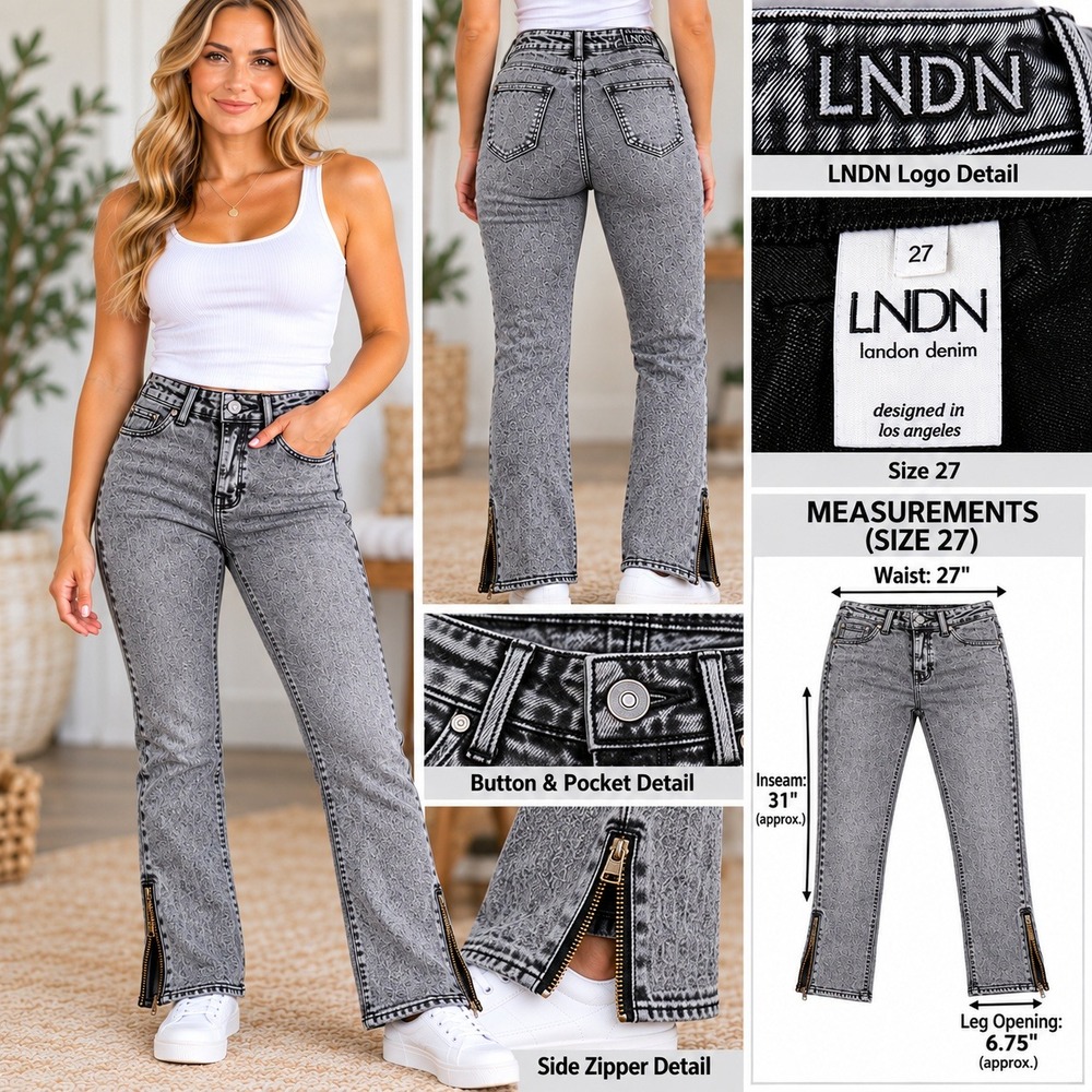 LNDN Landon Denim Grey Acid Wash Flare Jeans Side Zipper Detail Size 27 New